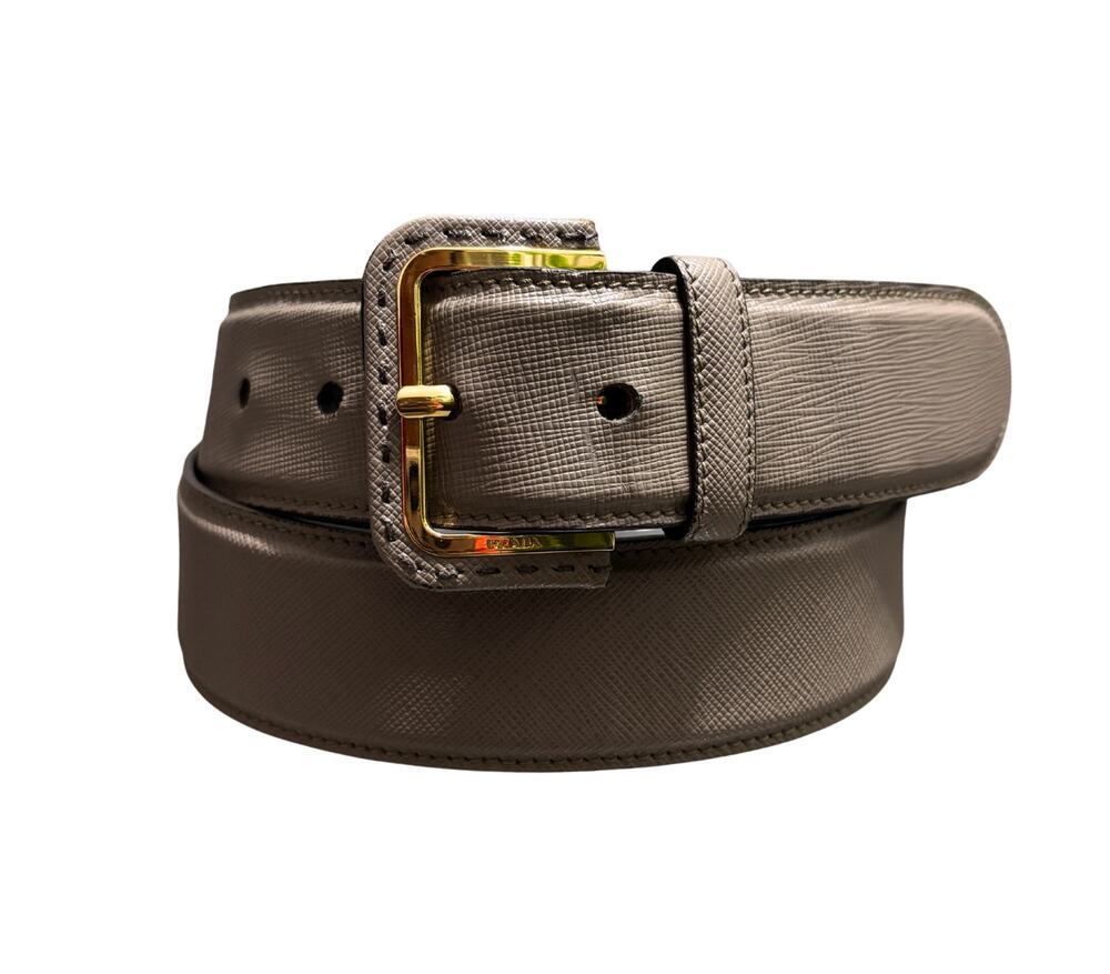 Prada Taupe Saffiano Leather Gold Buckle Belt Women’s Size 36 Italy